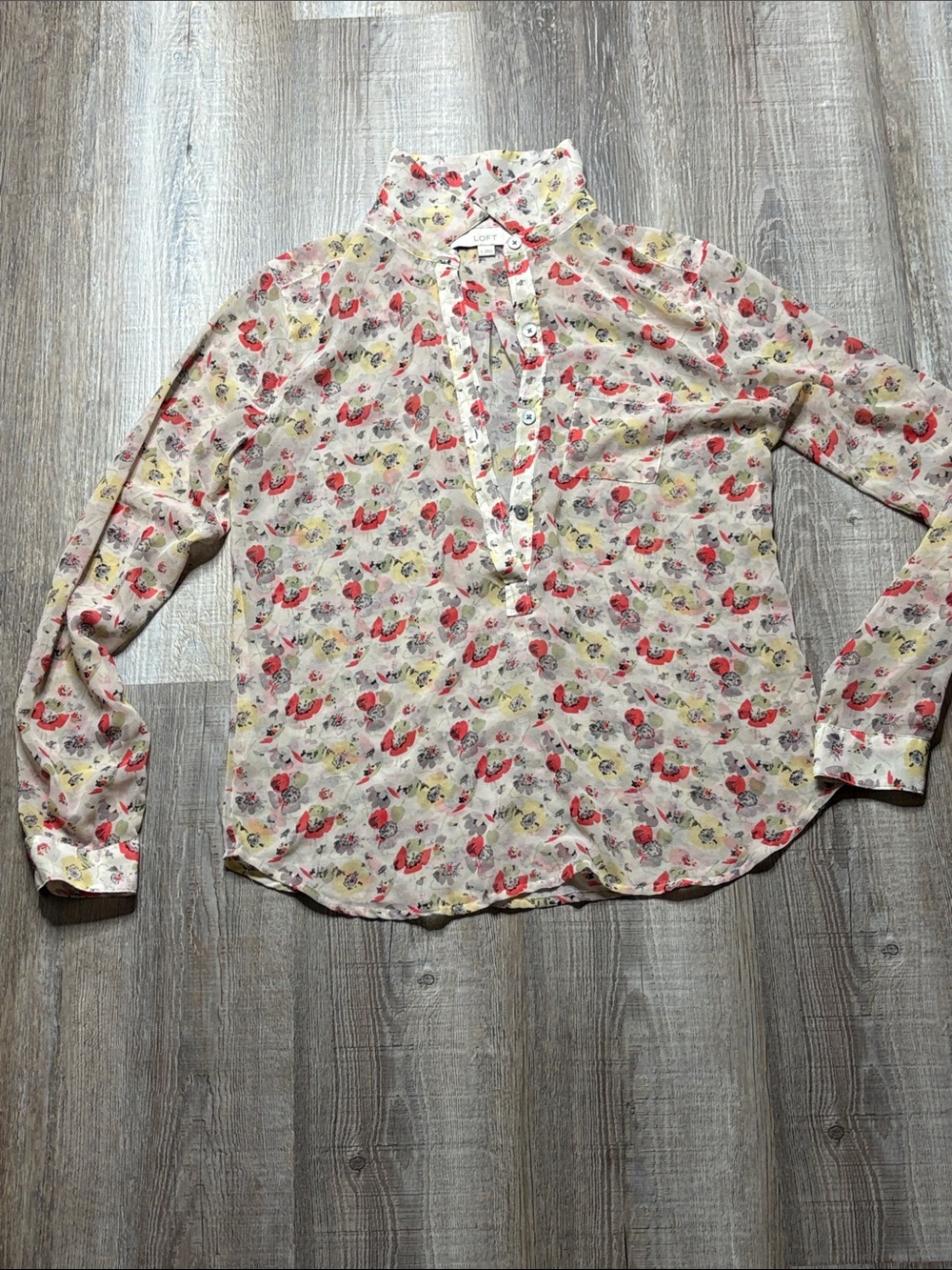 LOFT Floral Button-Down Blouse in Cream, Red and Yellow